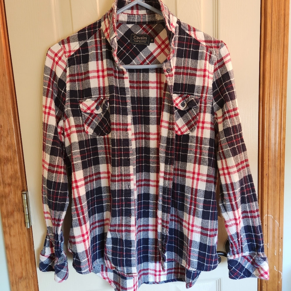 Unisex flannel red, white & blue plaid